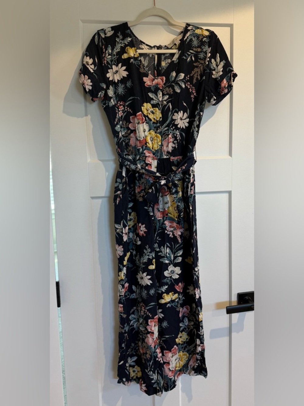LOFT Navy Floral Jumpsuit with Tie Waist